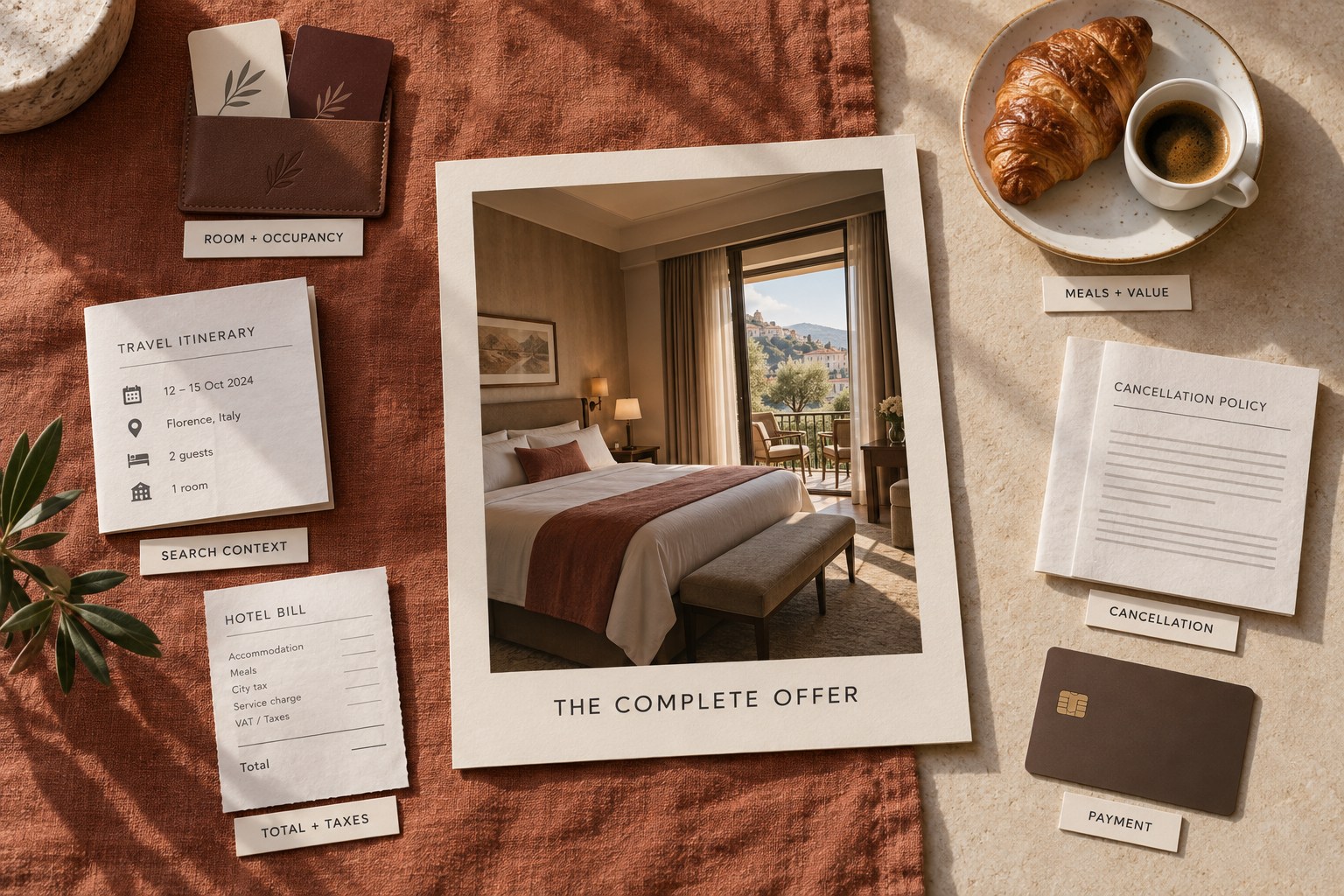 The connected elements of a hotel offer: room, occupancy, meals, cancellation, payment, taxes and search context.