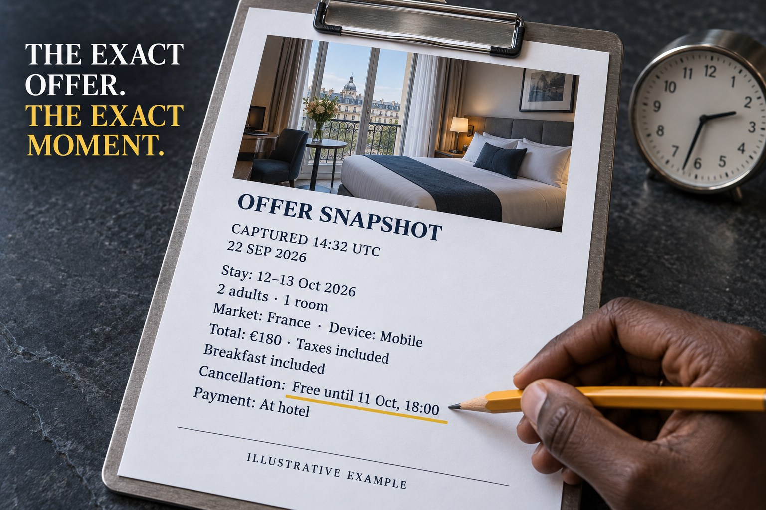 An illustrative timestamped hotel offer snapshot with stay, market, device, price and conditions preserved.
