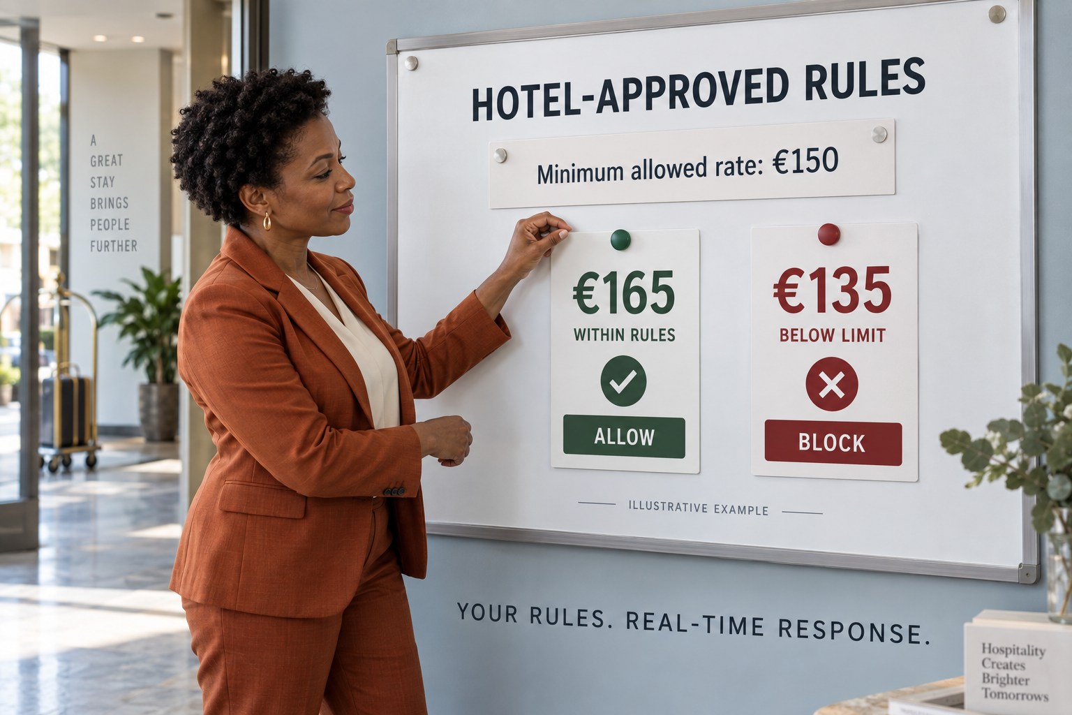 An illustrative hotel-approved rule allowing a €165 response and blocking a €135 response below a €150 limit.