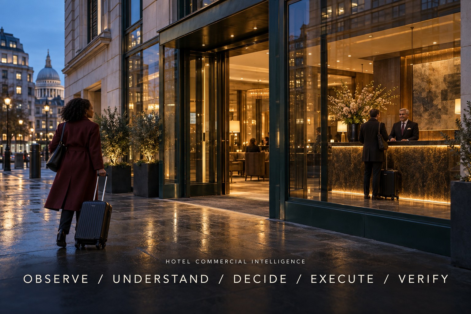 A traveller approaching a hotel, illustrating the observe, understand, decide, execute and verify cycle.