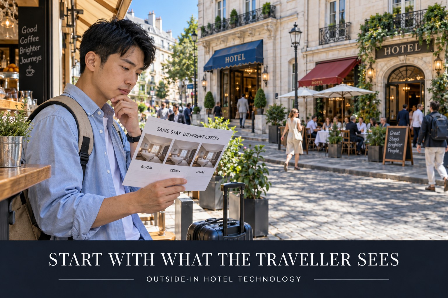 A traveller comparing hotel offers from the market outside the property.