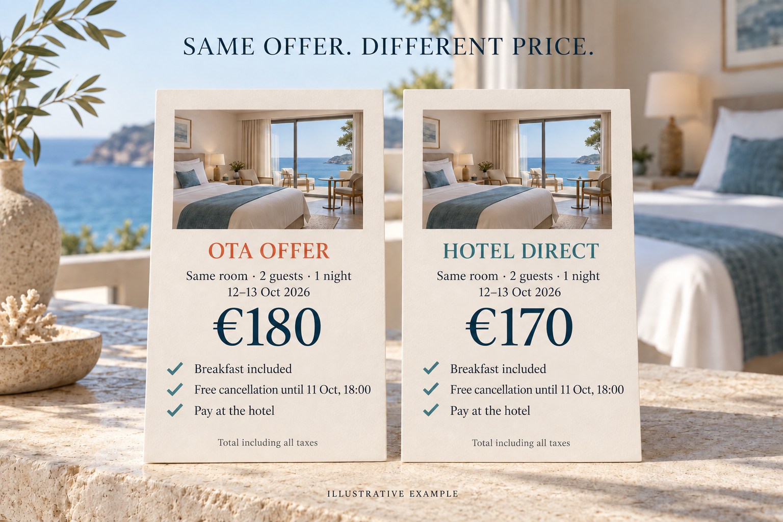 An illustrative comparison of the same hotel offer priced at €180 through an OTA and €170 when booked direct.